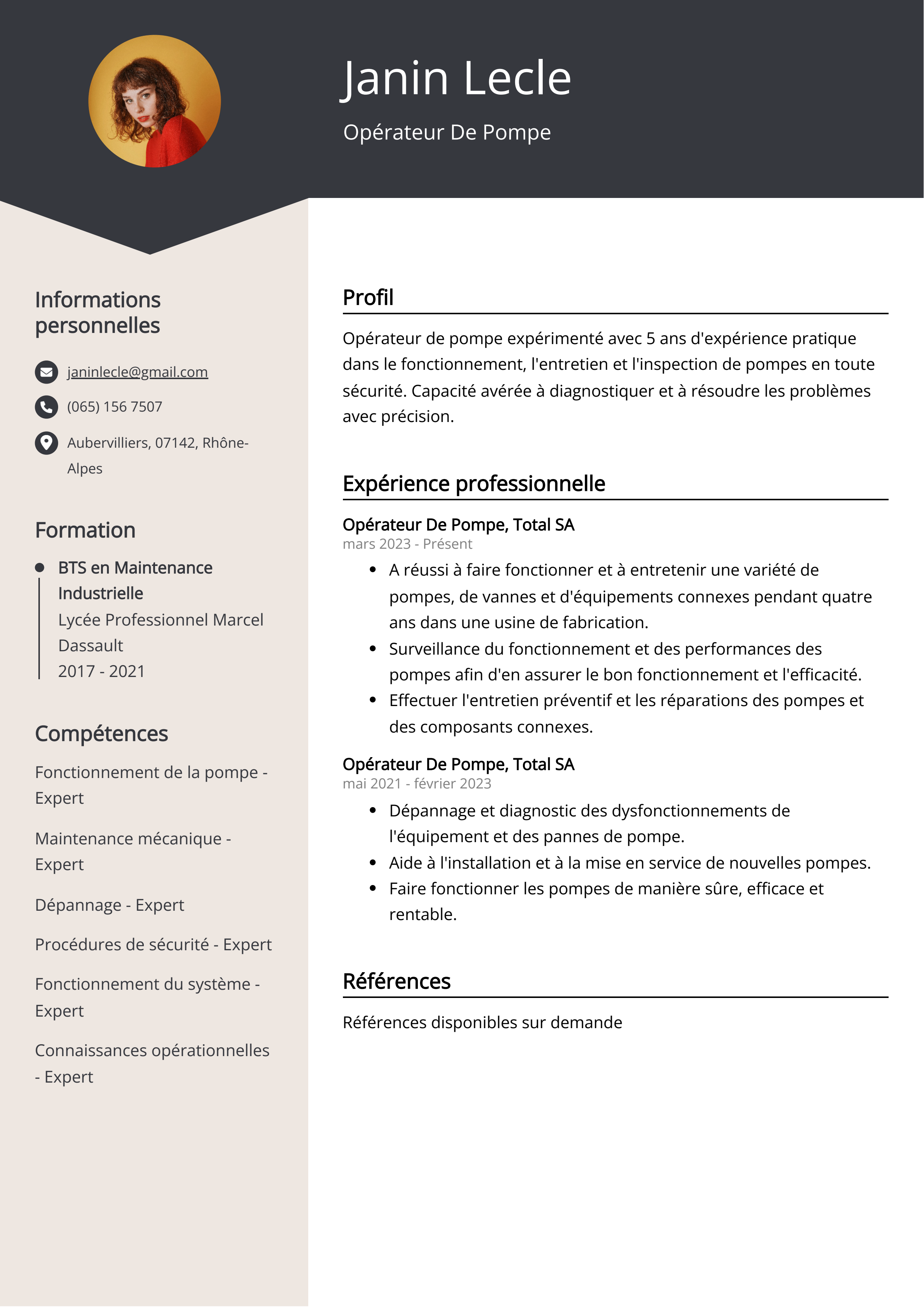 Exemple de CV d'Opérateur De Pompe