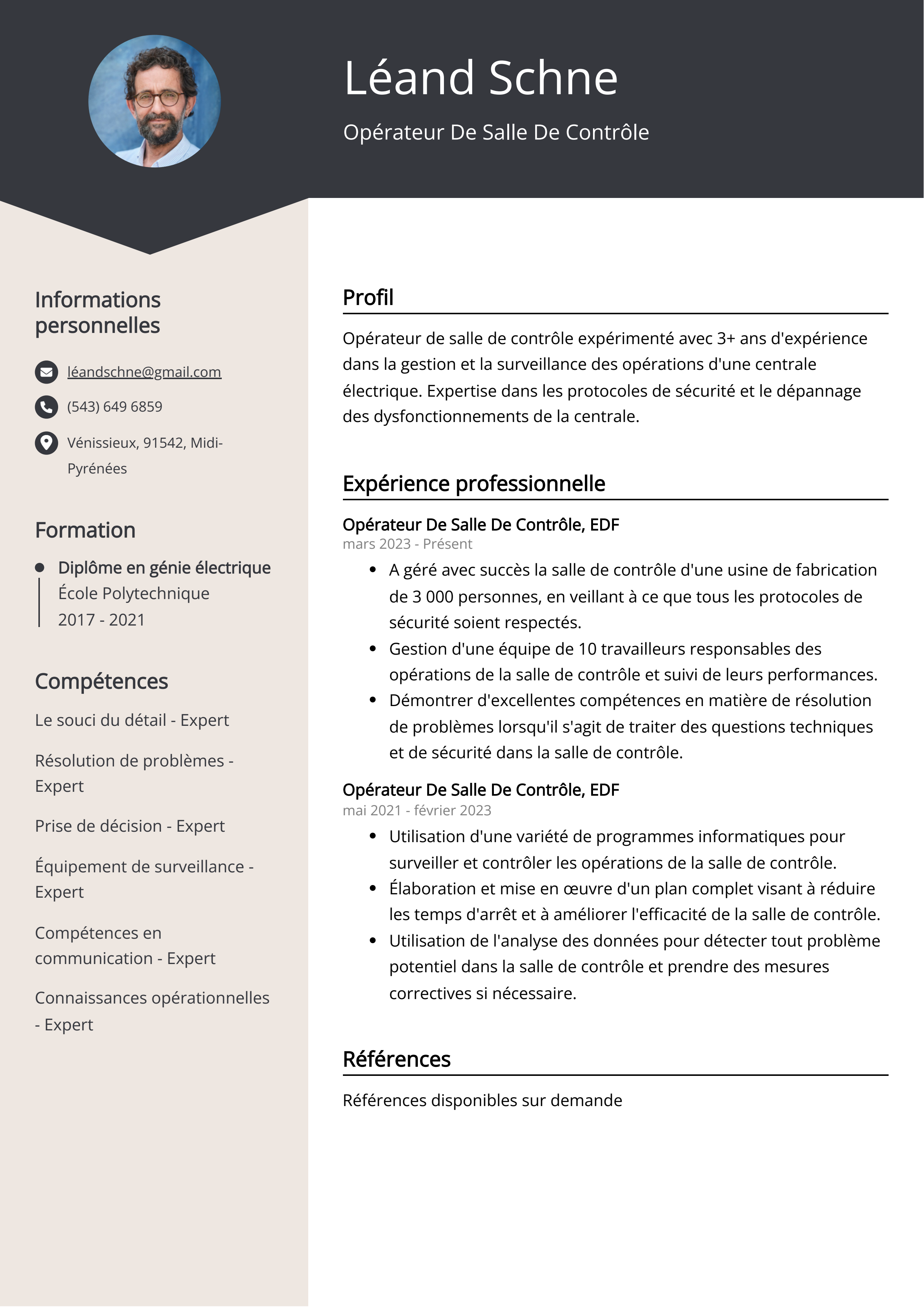 Opérateur De Salle De Contrôle Exemple de CV