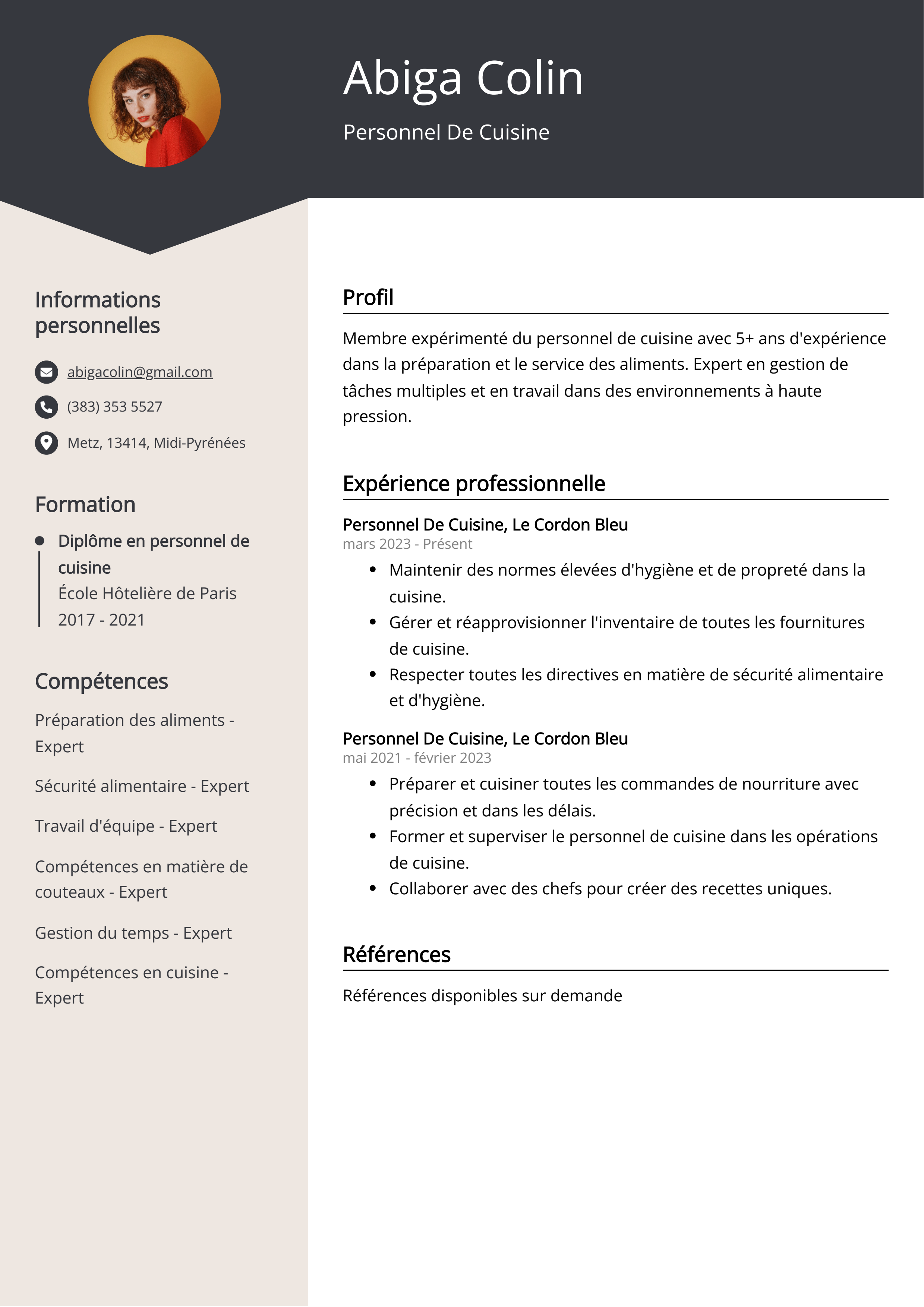 Personnel De Cuisine Resume Example