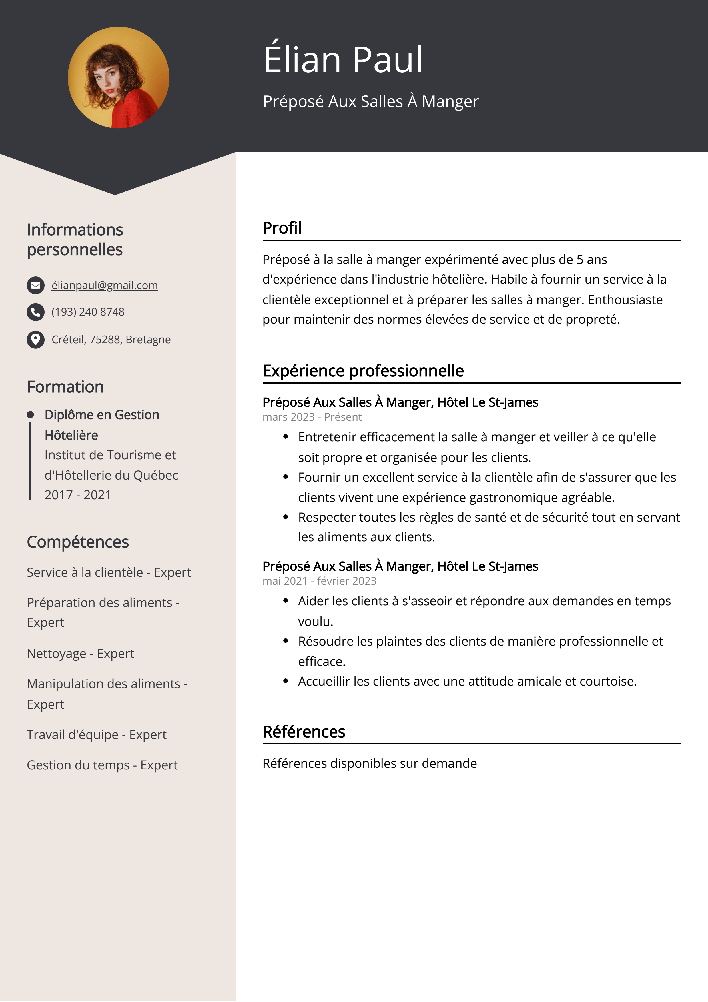 Préposé Aux Salles À Manger Exemple de CV