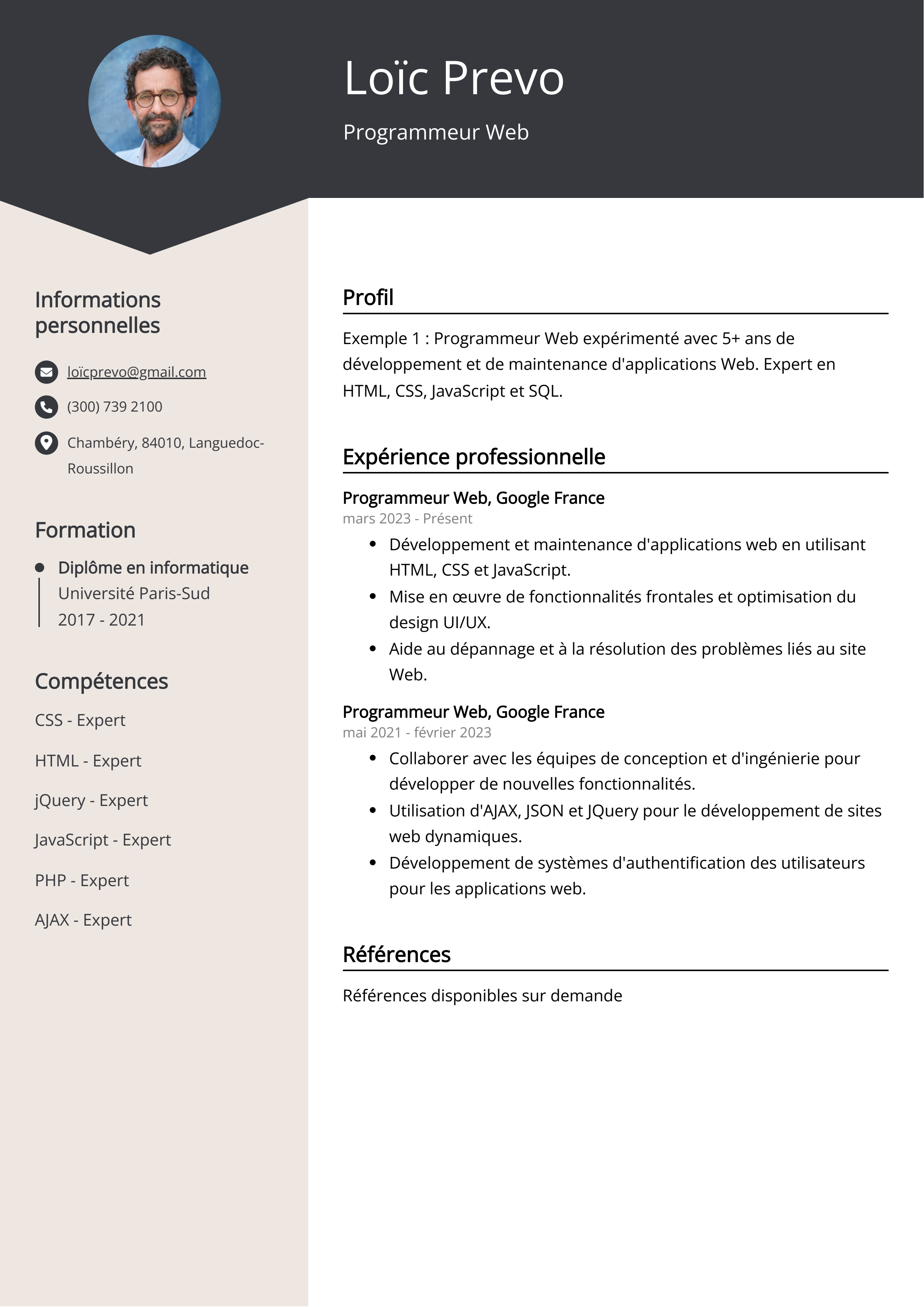 Exemple de curriculum vitae d'un programmeur Web