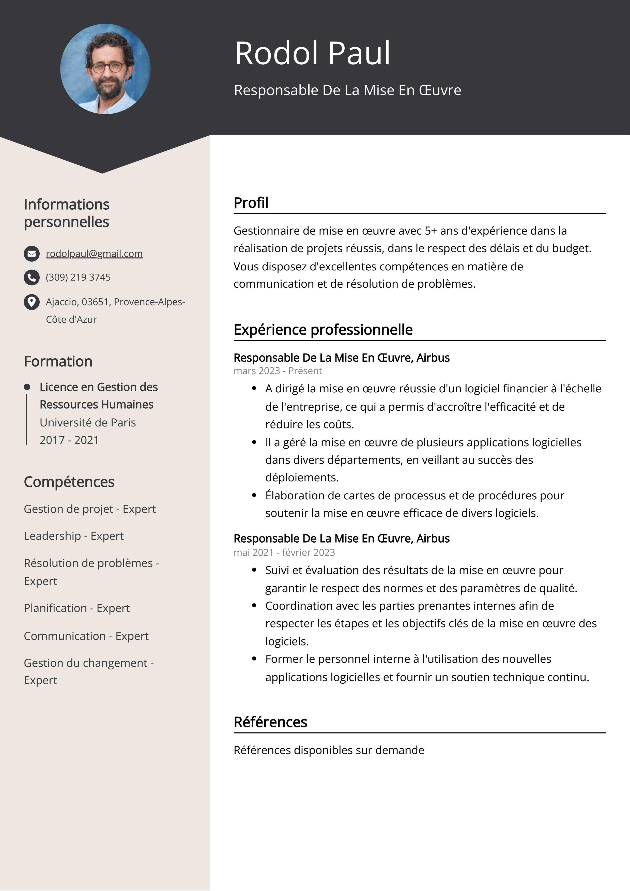 Responsable de la mise en œuvre Exemple de CV