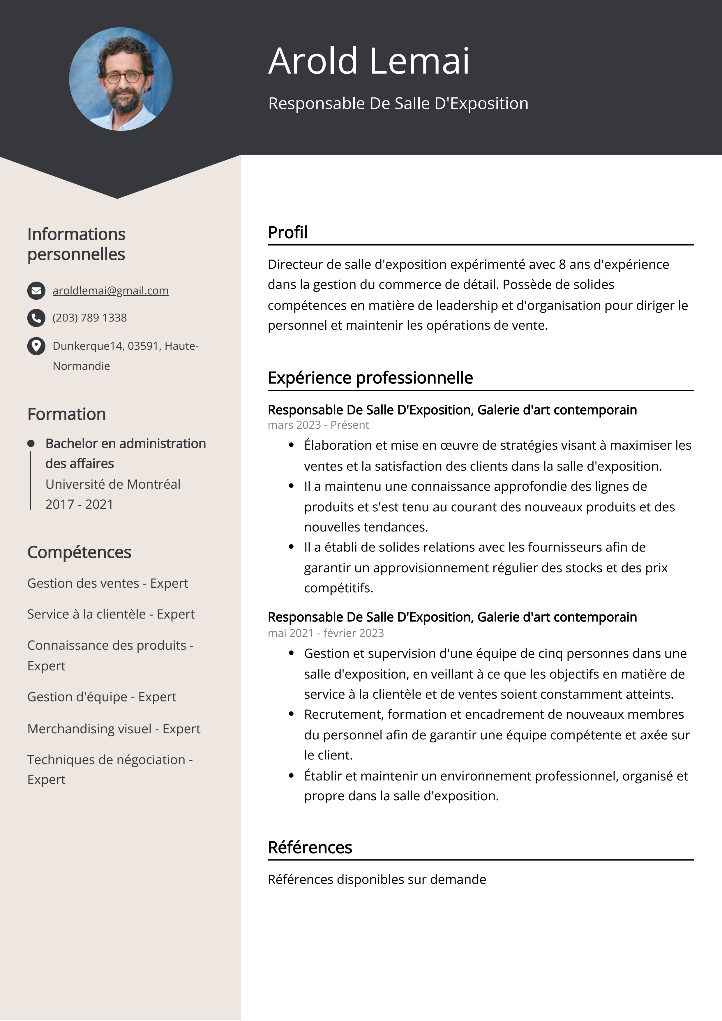 Responsable De Salle D'Exposition Exemple de CV