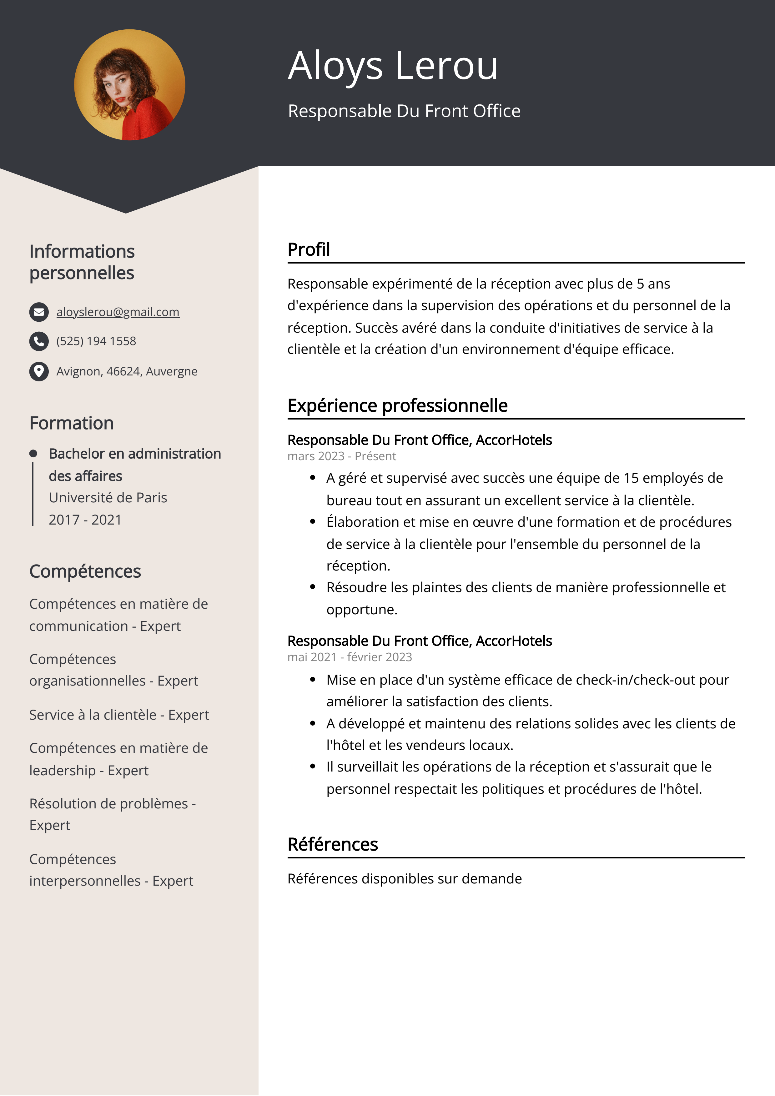 Responsable Du Front Office Exemple de CV