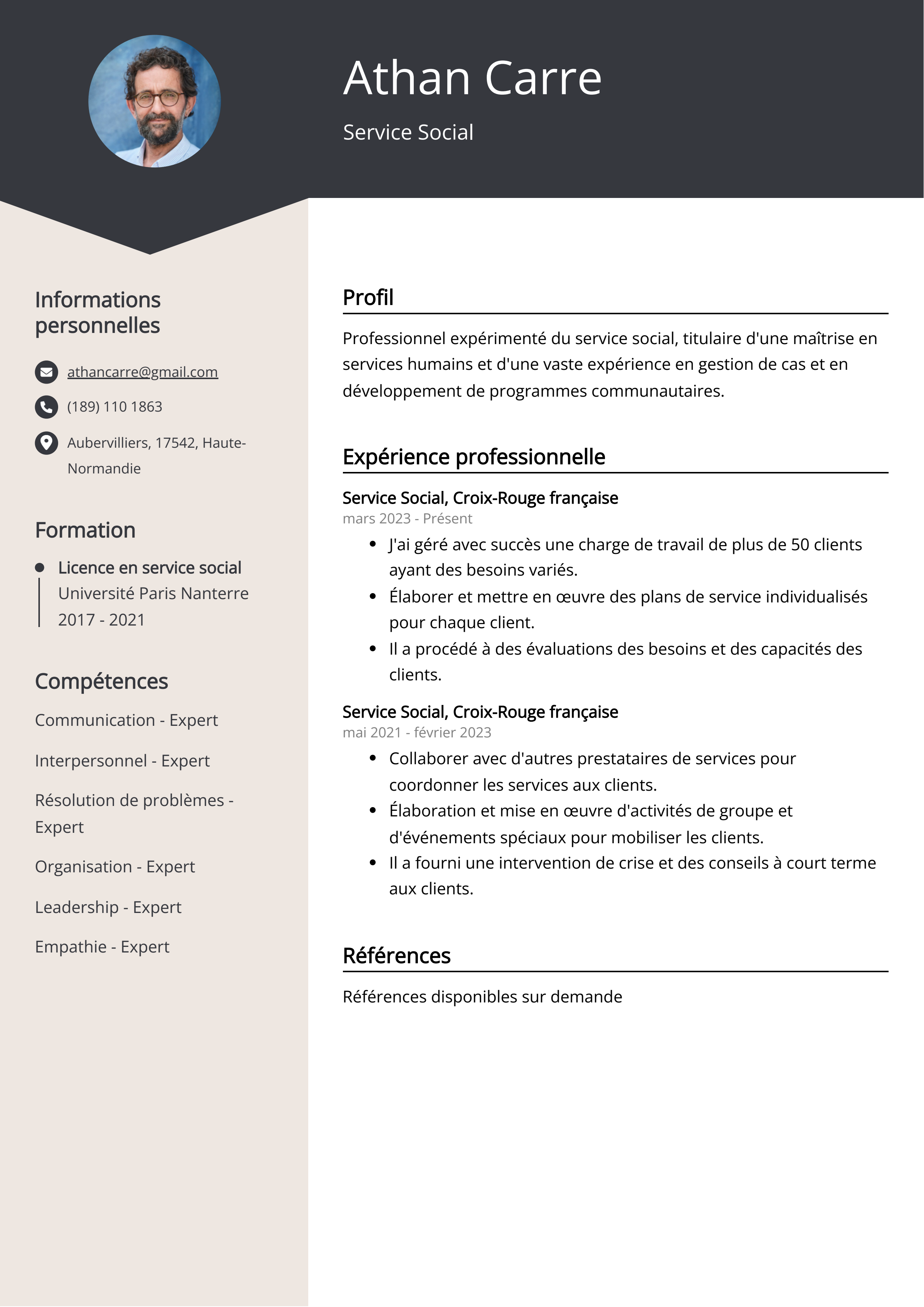 Exemple de curriculum vitae dans le domaine du service social