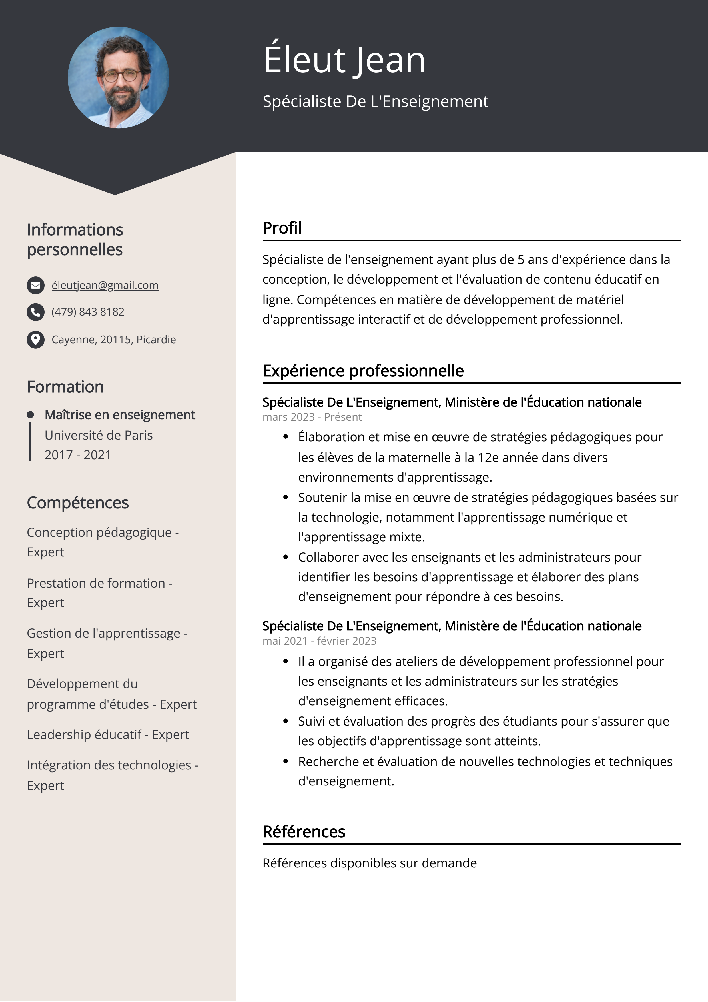 Spécialiste de l'enseignement Exemple de CV