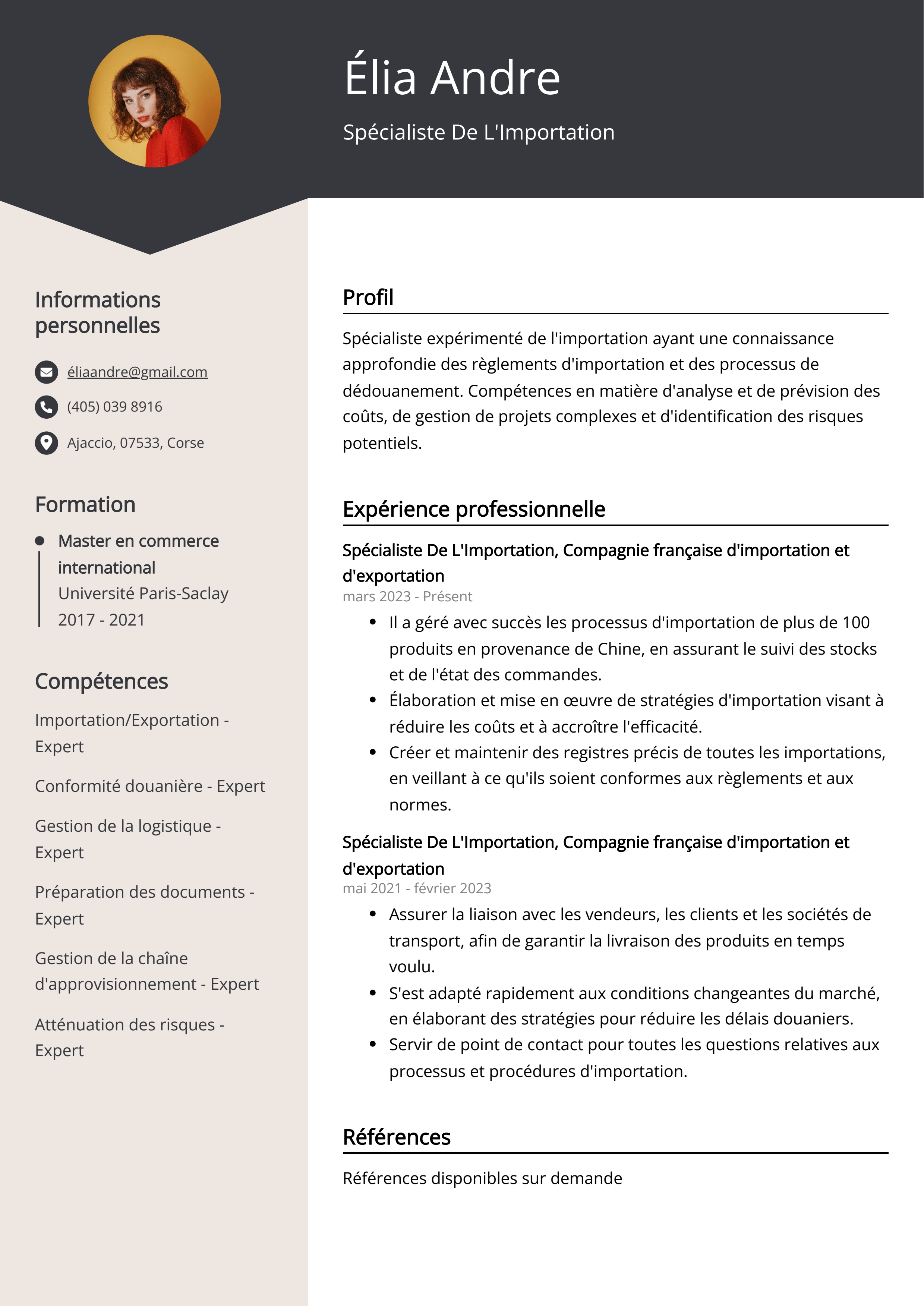 Spécialiste De L'Importation Exemple de CV