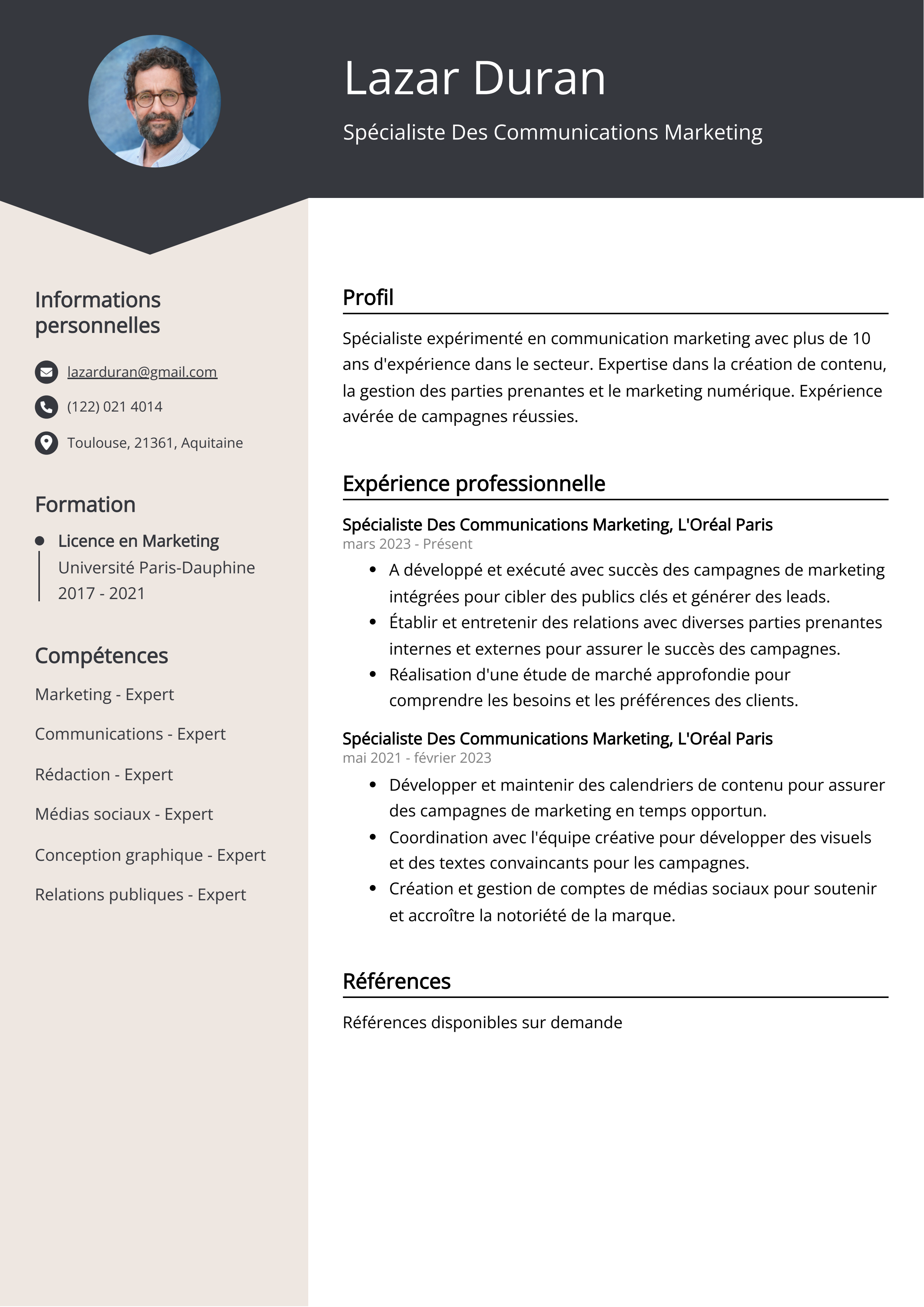 Spécialiste Des Communications Marketing Exemple de CV