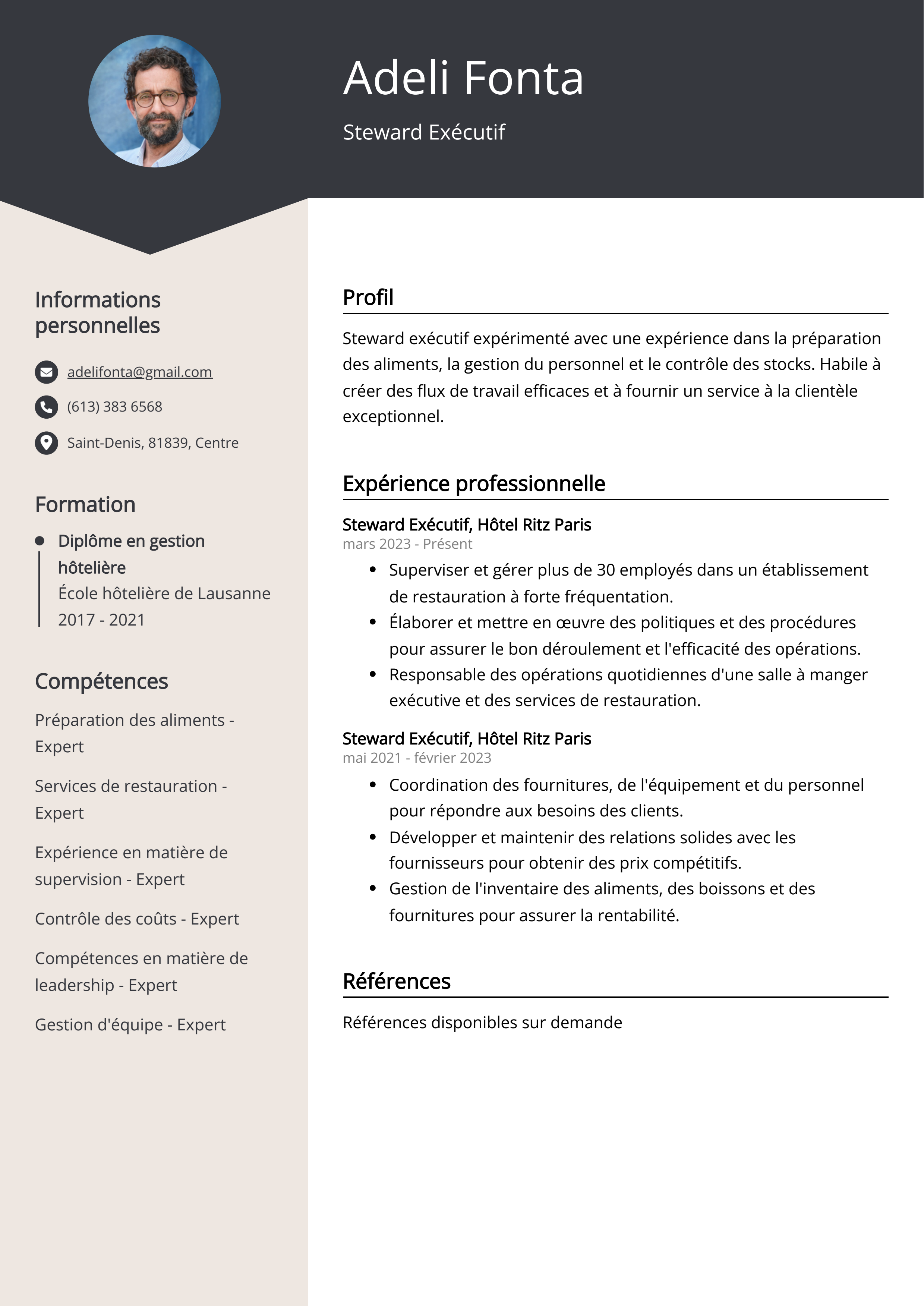 Exemple de curriculum vitae d'un steward exécutif