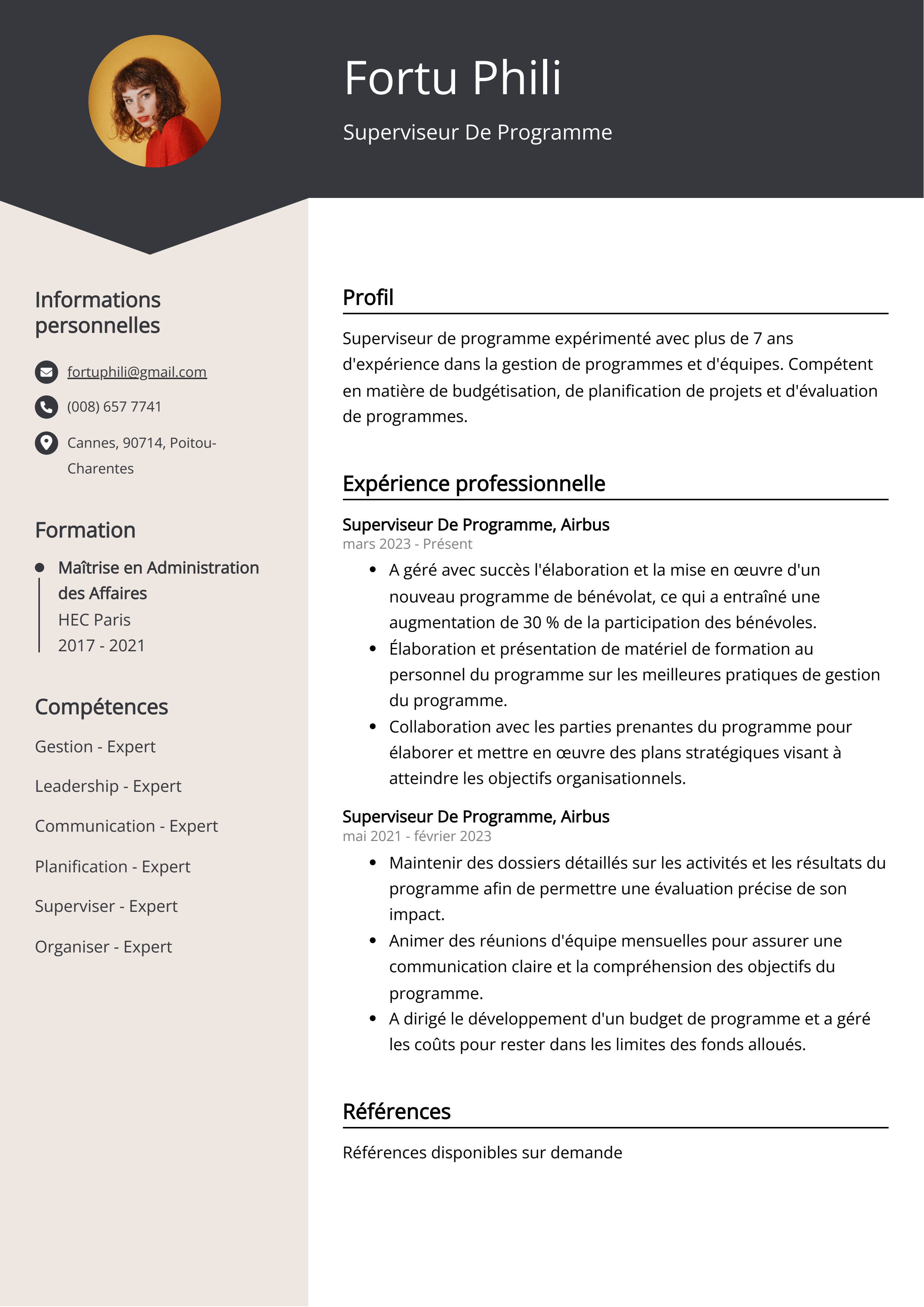 Exemple de CV de superviseur de programme