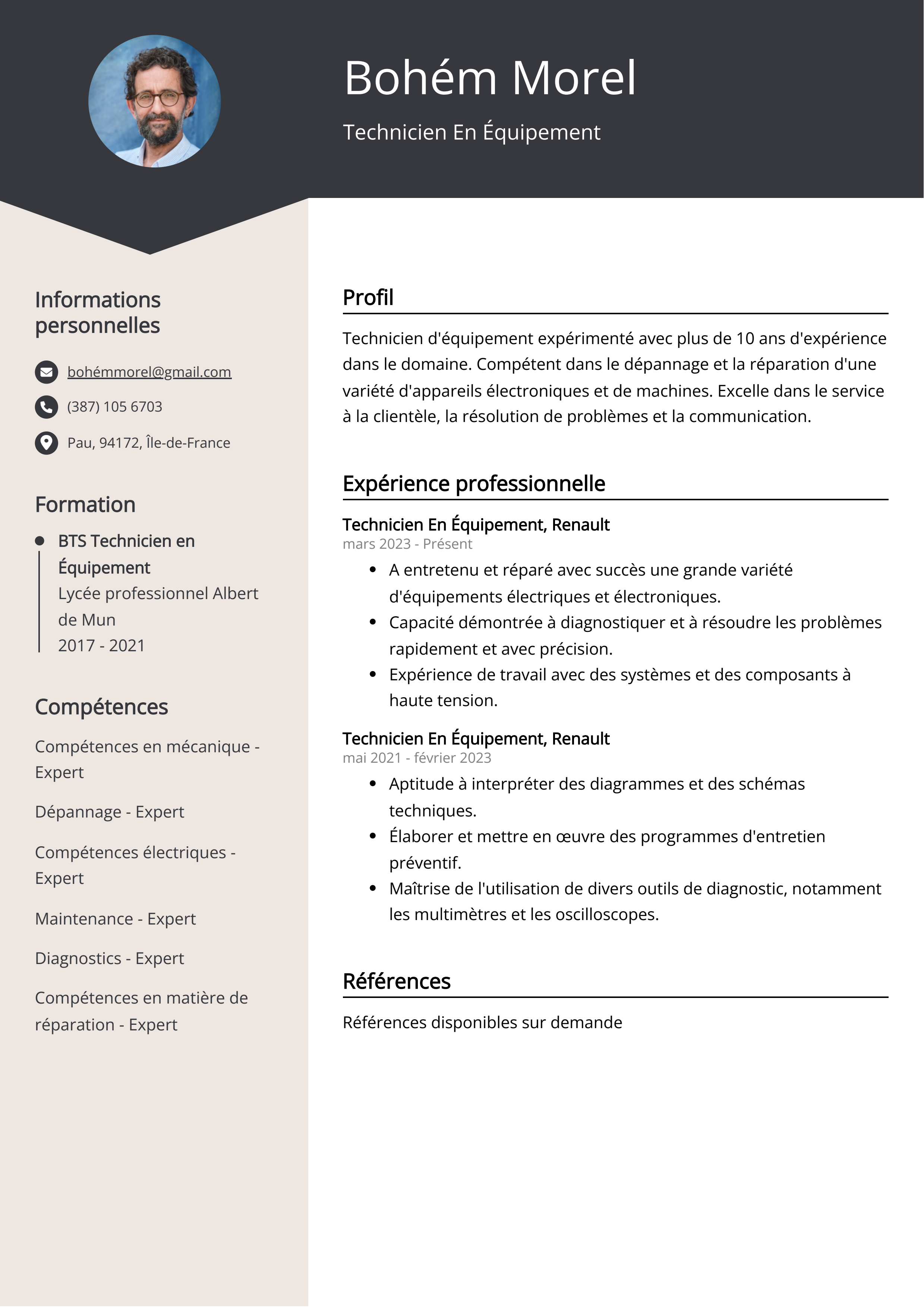 Exemple de curriculum vitae de technicien en équipement