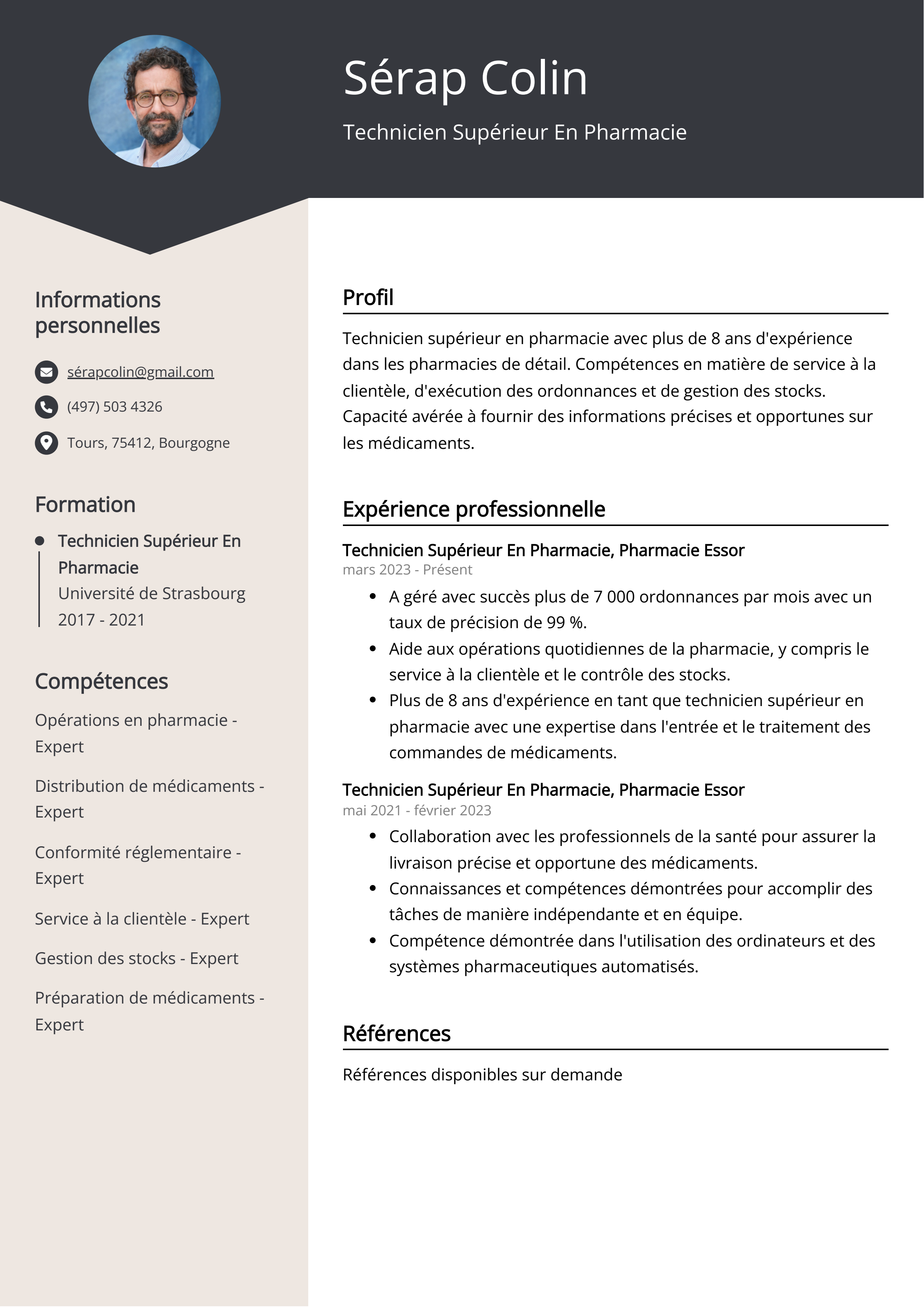 Exemple de CV de Technicien Supérieur En Pharmacie