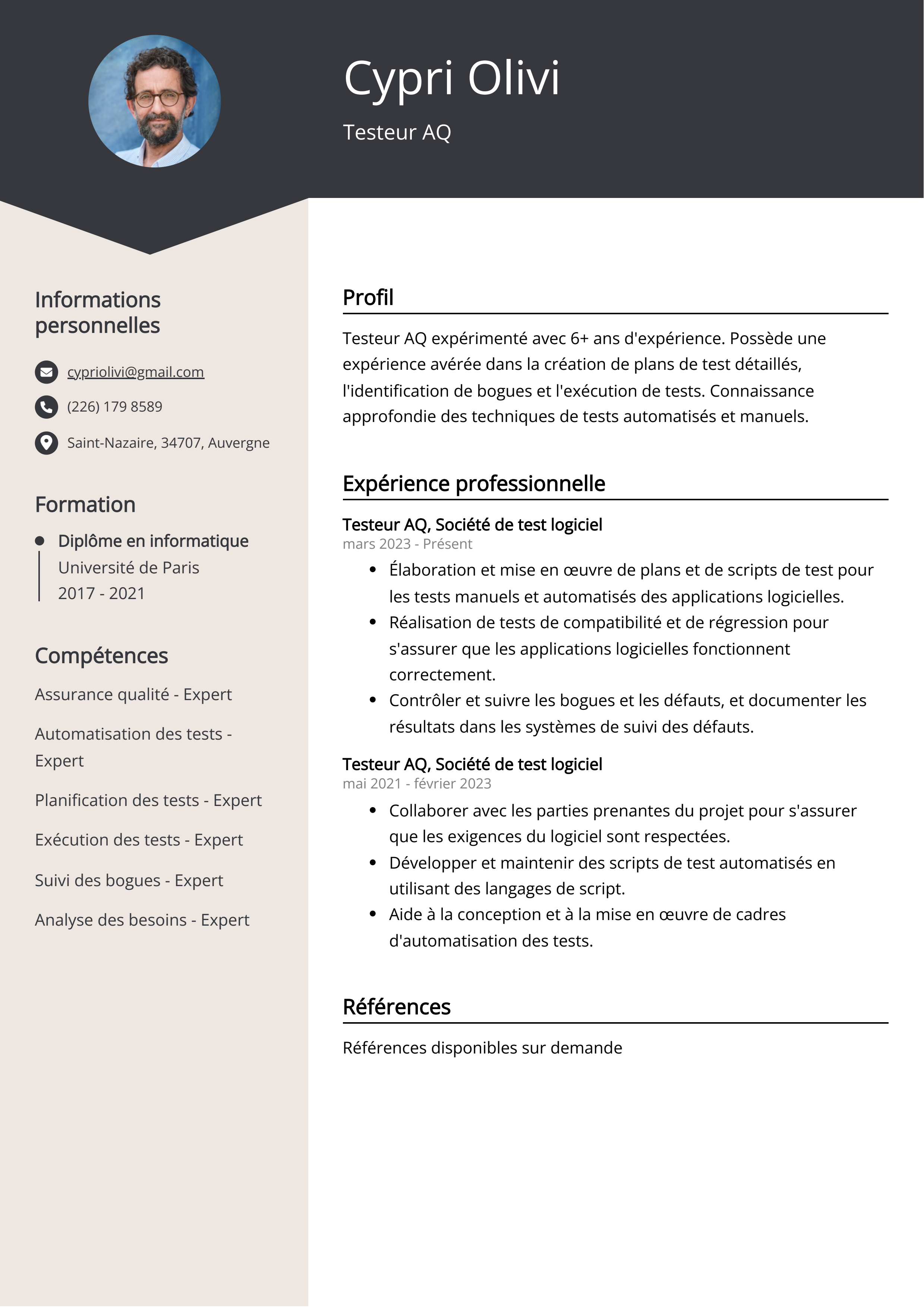 Exemple de curriculum vitae de testeur AQ