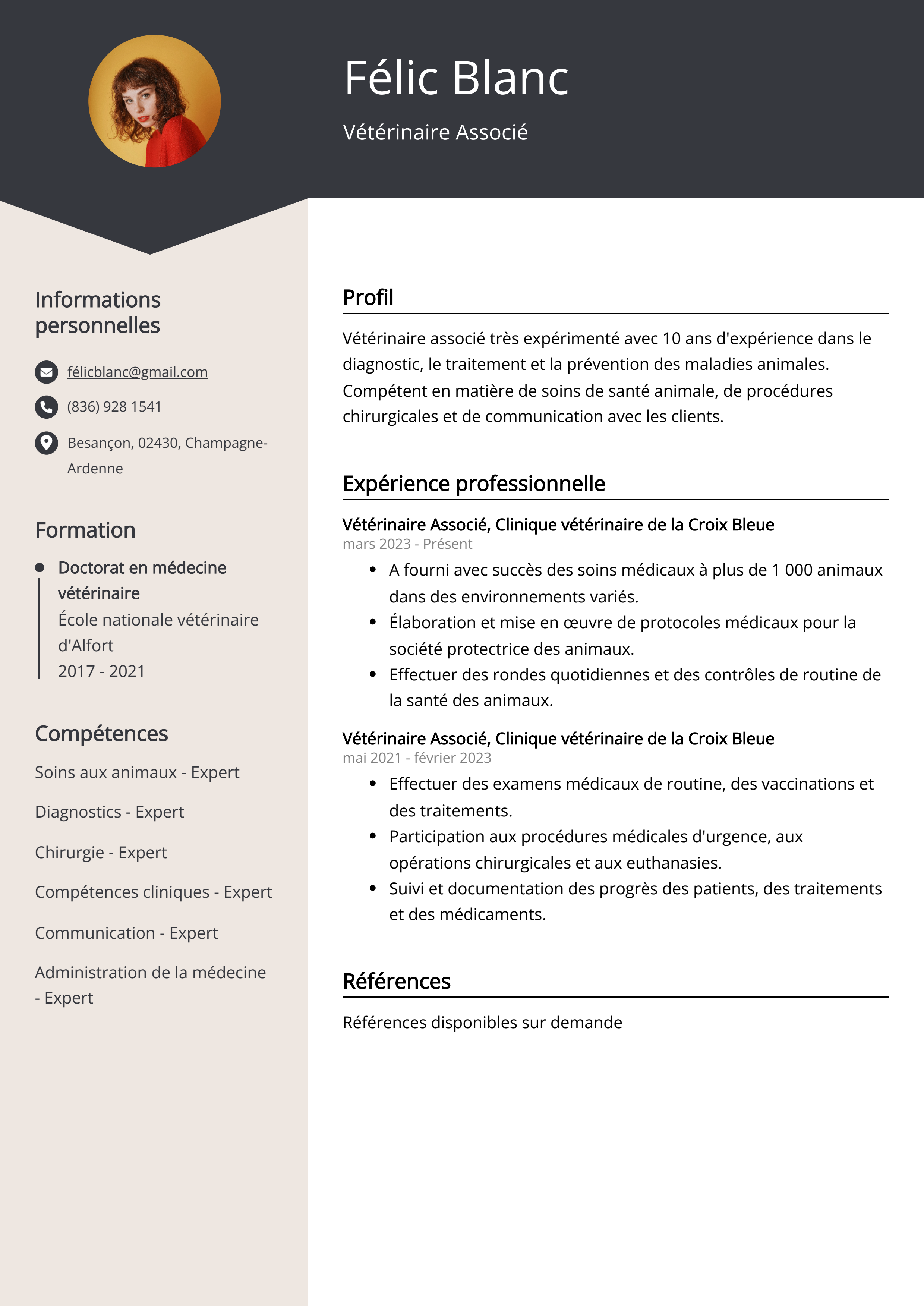 Exemple de curriculum vitae de vétérinaire associé