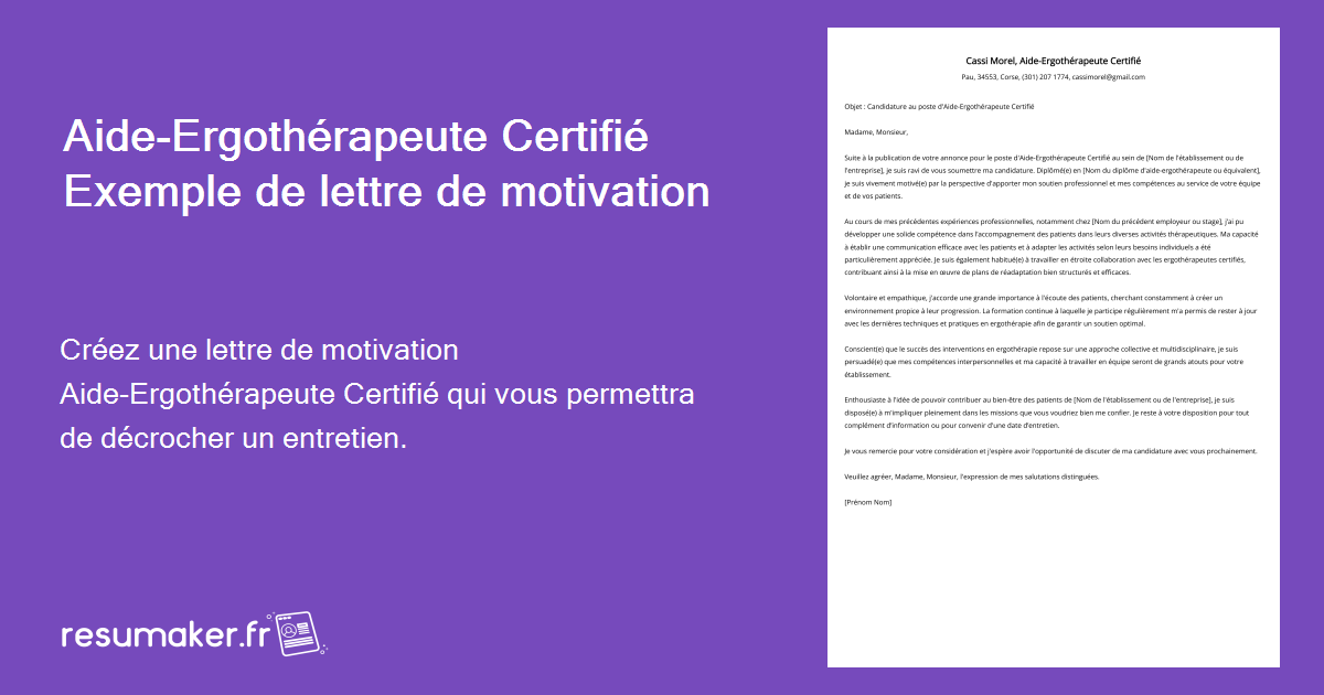 Aide-Ergothérapeute Certifié Exemple de lettre de motivation pour 2024
