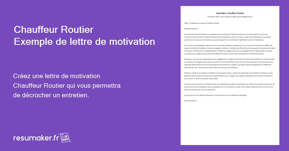 Chauffeur Routier Exemples de lettres de motivation (modèle et 20 ...