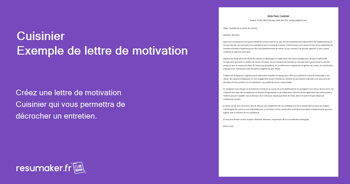 Cuisinier Exemple de lettre de motivation pour 2024