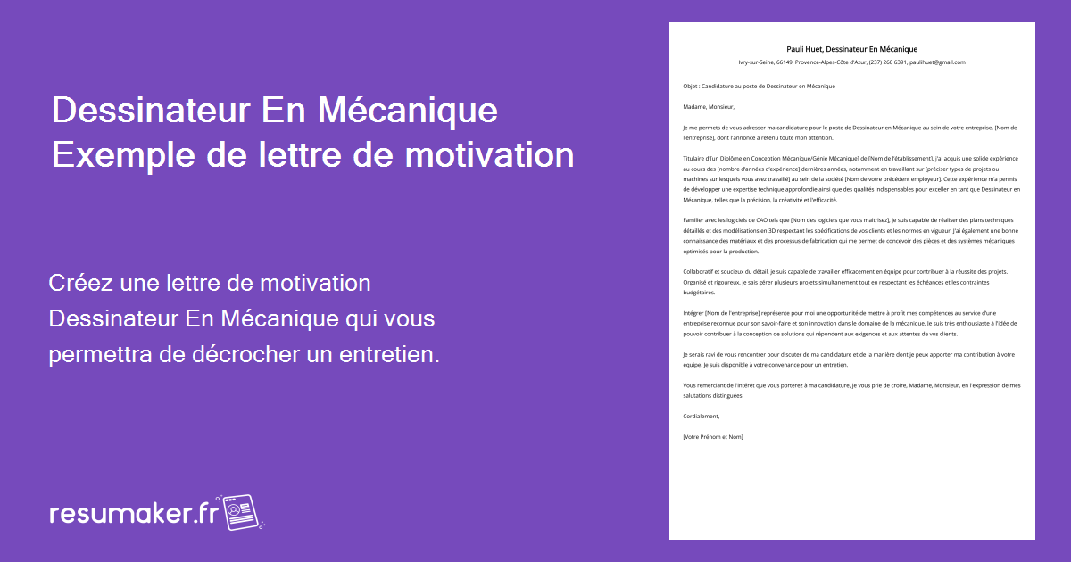 Lettre de motivation Dessinateur En Mécanique : Description du poste
