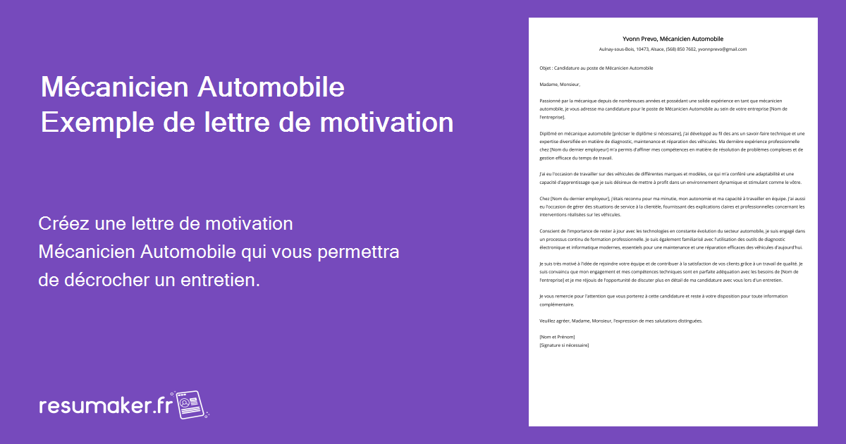 Mécanicien Automobile Exemple de lettre de motivation pour 2024