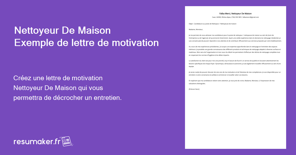 Lettre de motivation Nettoyeur De Maison : Modèle et guide (emplois de