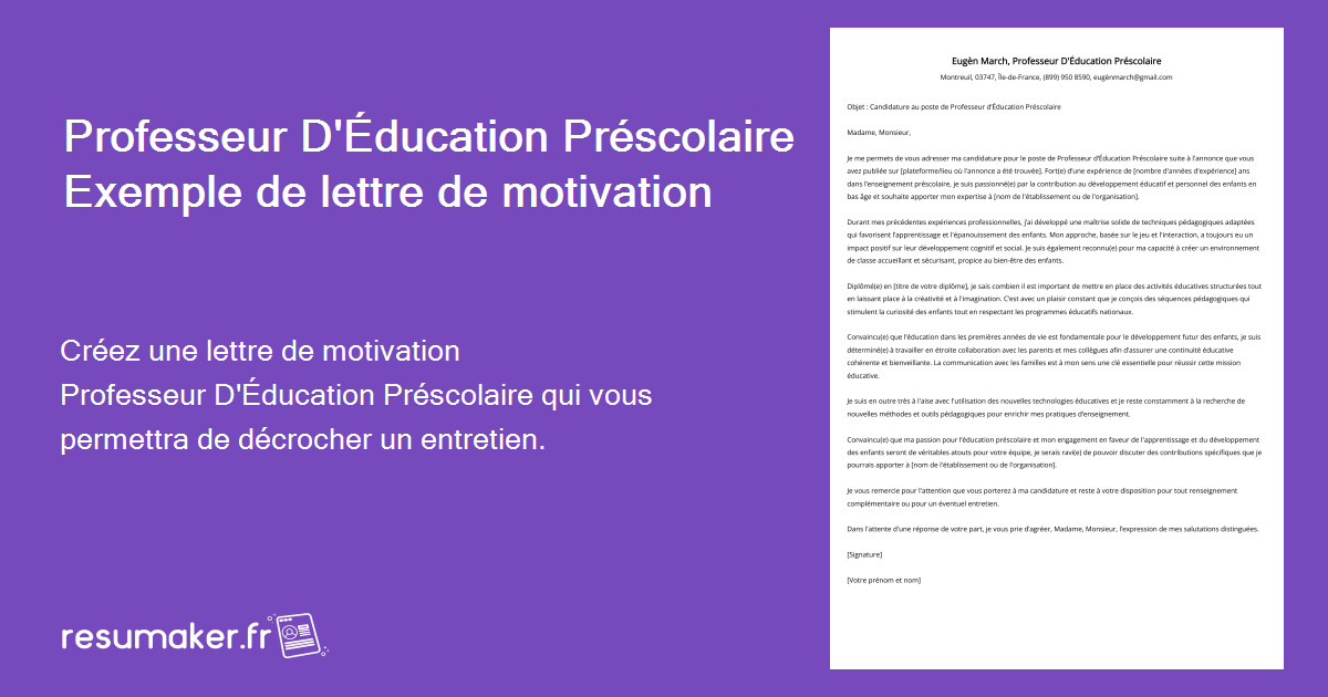 Lettre De Motivation Pour Animateur Périscolaire Professeur D'Éducation Préscolaire Exemple de lettre de motivation pour