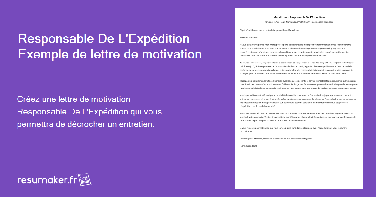 Responsable De L'Expédition Exemple de lettre de motivation pour 2024 — free download