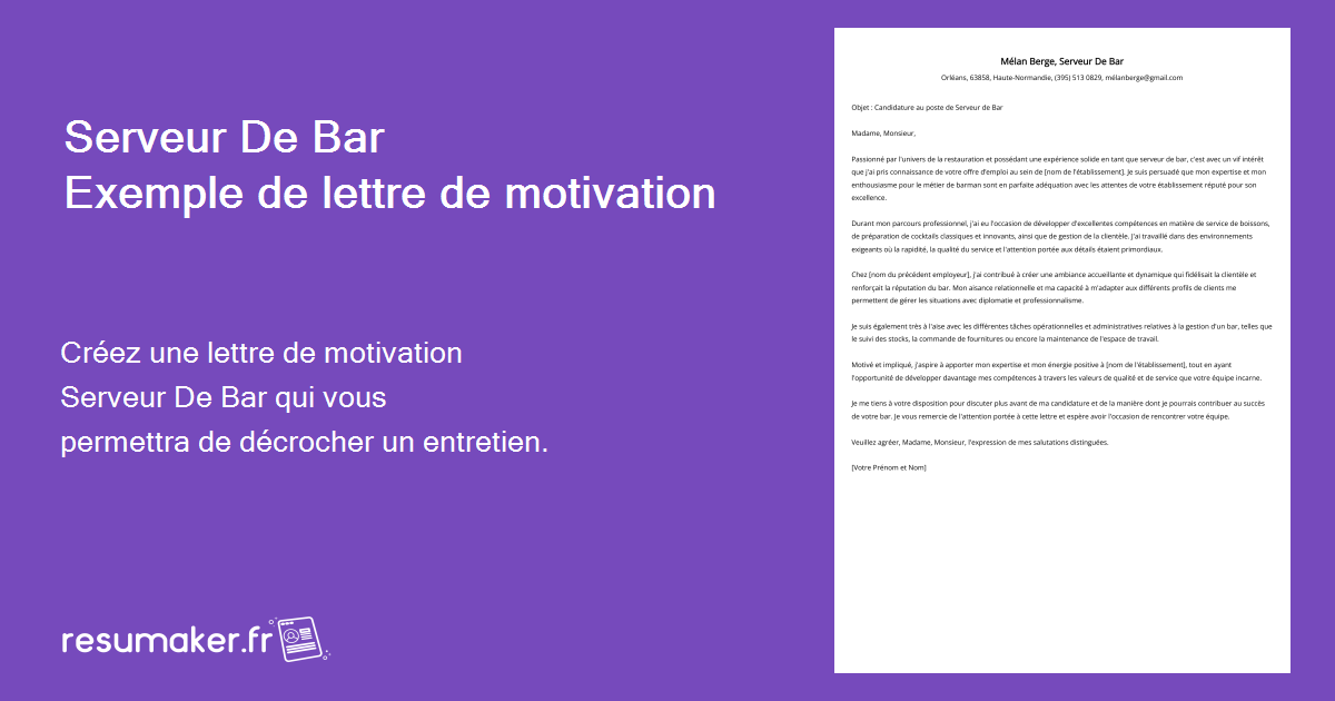 Serveur De Bar Exemple de lettre de motivation pour 2024