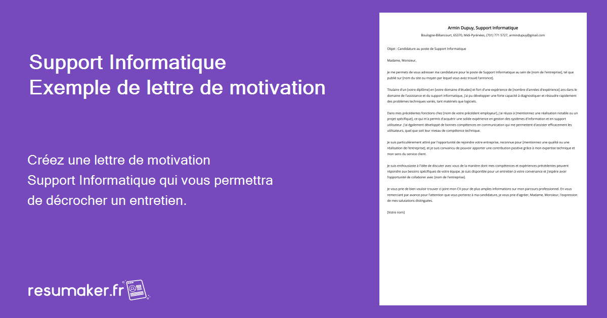 Lettre de motivation Support Informatique Modèle et guide (emplois de — free download
