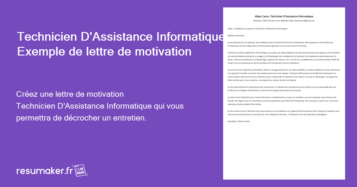 Technicien D'Assistance Informatique Exemple de lettre de motivation