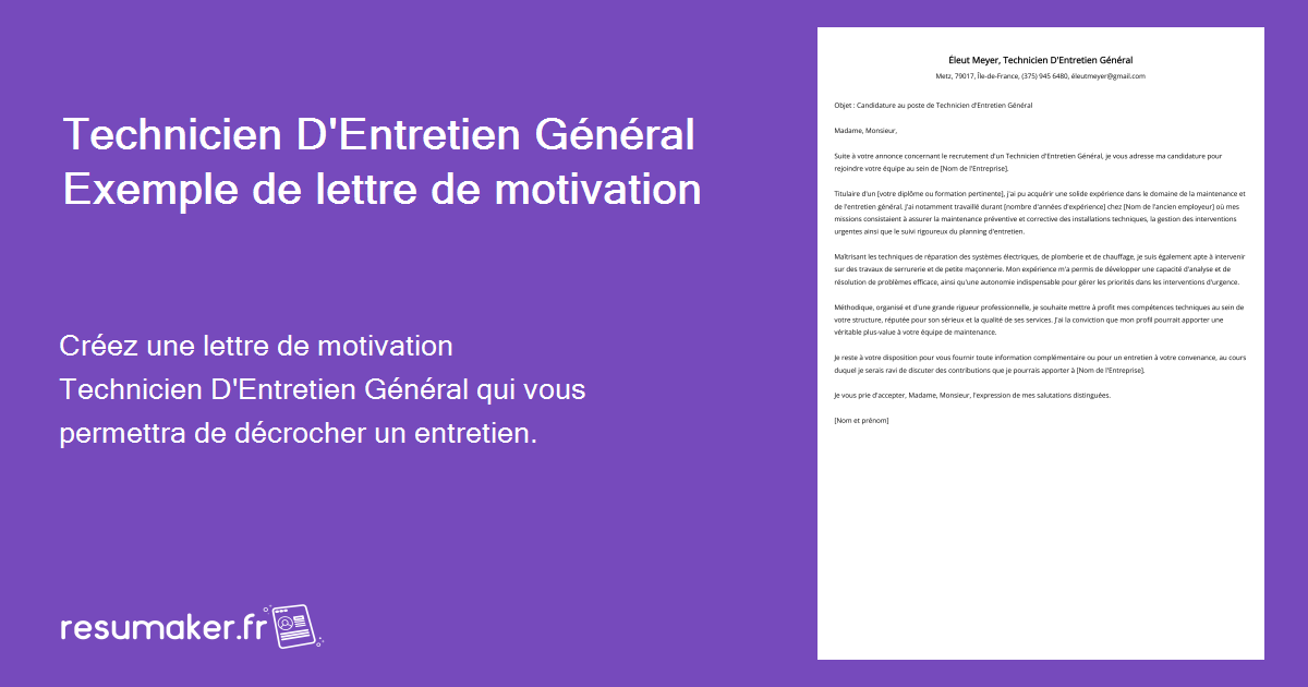 Lettre de motivation Technicien D'Entretien Général : Modèle et guide