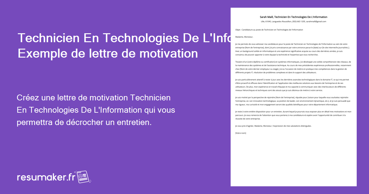 Lettre de motivation Technicien En Technologies De L'Information